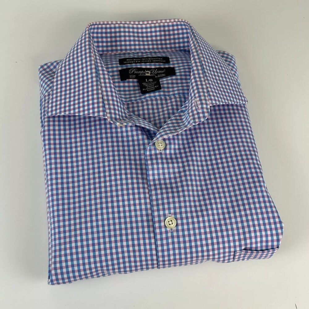 Pronto Uomo‎ Shirt Mens Large Modern Fit Non-Iron Blue Pink Checks Button Down